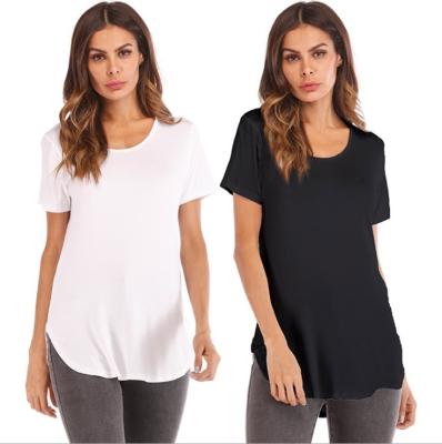 China Anti-Wrinkle Stylish Women Curved Tee O Neck Soft White Top Edge T-shirt Plain Cotton Basic T-shirt Ladies for sale