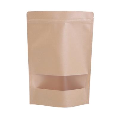 China Security Stand Up Zipper Brown Kraft Paper Food Storage Packaging Ziplock Resealable Pouches Bag With Clear Window for sale