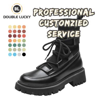 China Lucky Botas Para Mujer Luxury Double Round Boots For Women Leather Boots Custom Logo White Boots Woman Winter Boots for sale