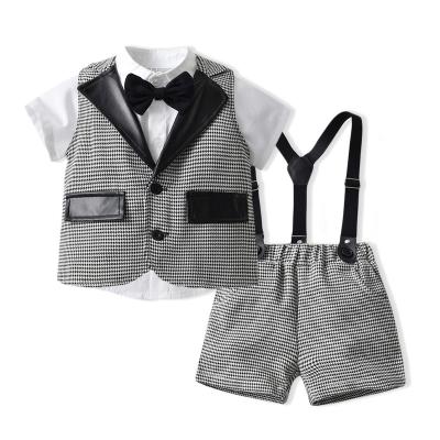 China Hot Selling Casual Summer Baby Gentleman Clothing Kids Short Sleeve Solid Shirt Plaid Vest Shorts Toddler Boy 3pcs Sets for sale