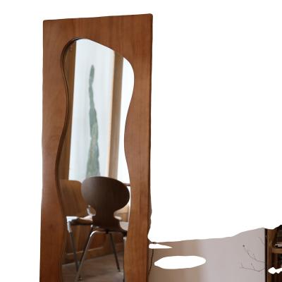 China Factory supply decorative wood mirror solid wood full frame wave mirror modern special-shaped antique glass wall mirror for sale