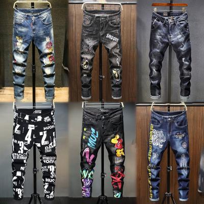 China QUICK DRY jeans European and American style fashion trend printing slim jeans factory men's stretch direct approval for sale