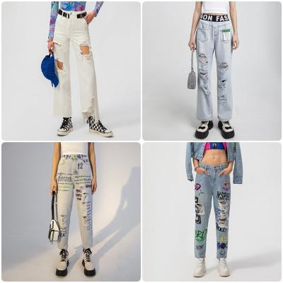 China QUICK DRY high waist printing 2022 summer European straight tube new loose broken trend ins jeans manufacturers and american wholesale for sale