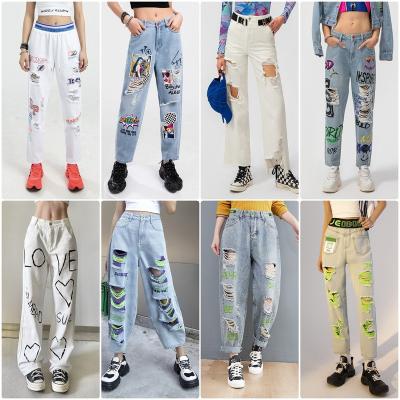 China 2022 summer new QUICK DRY women's tube soft printed straight women's jeans manufacturers show thin holes wholesale for sale