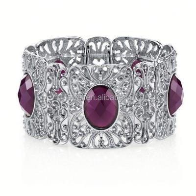 China Stretch Suriname Silver-Tone Amethyst Purple Filigree Cuff Leather Stretch Bracelets for sale