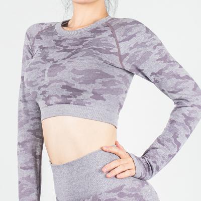 China Manufacturer Supply Breathable Back Hollow Out Camouflage Seamless Gym Long Sleeve Yoga Tops for sale