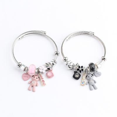 China New Cute Fashion Designer Cartoon Bear Pink Crystal Stainless Steel Bangle Charm bracelet for sale