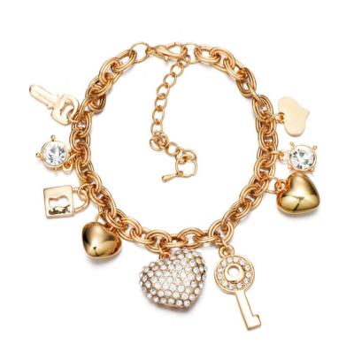 China Crystal Charm Cute Key Heart Women Heart Pendant Bracelets Gold Plated Charm Bracelet Jewelry for sale