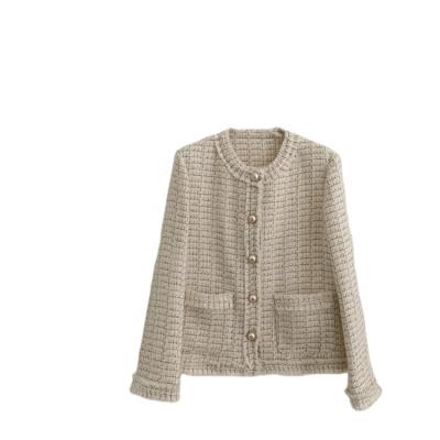 China Spring Edge And Autumn Thick Line Ladies Jacket Long Pearl Pocket Raw Single Breasted Sustainable Sleeve for sale