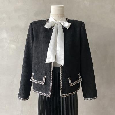 China SSpring and Autumn Women Coat Tweed Jacket Black Solid Color Breathable French Imported Long Sleeve With Pocket Decoration for sale