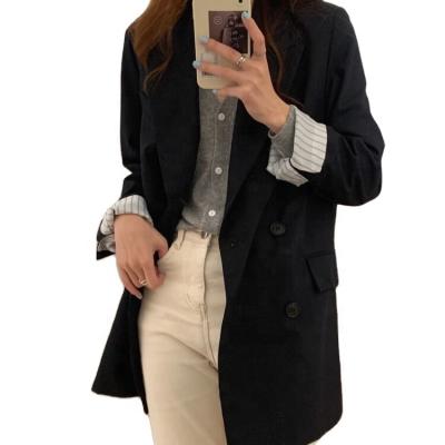 China Solid Color Windproof Ladies Jacket Black Long Sleeve Suit Jacket Trimming Striped Pattern Double Breasted Casual Style for sale