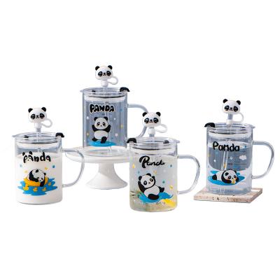 China OEM Cartoon Printing Viable Reusable Juice Coffee Glass Cup With Lid And Straw Glass Mug for sale