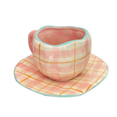 China Viable Retro Girly Gift Creative Rose Stripe Ceramic Coffee Cup Handmade Ceramic Coffee Cup And Saucer Afternoon Tea Cup Set With Saucer for sale