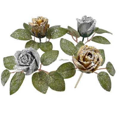 China Popular Hot Sale 24cm DIY Rose Flower Branch Valentines Day With Green Snowy Leaf Decoration For Garden Decorations for sale