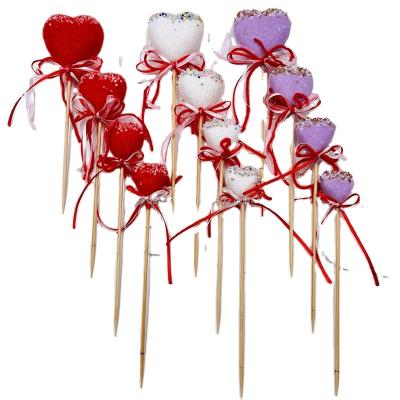 China Popular DIY Valentine Day Flocking Styrofoam Heart Sticks with Bow Decorations for sale