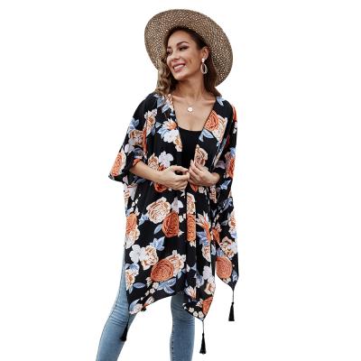 China High quality plus size plus size floral print kimono with lace women fashion flower print factory spring kimono poncho shawl for sale