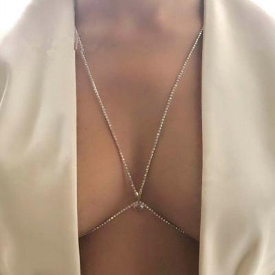 China Crystal Gold /Silver Simple Romantic Rhinestone Women Beach Body Chain Fashion Bra Chest Chain Cross Jewelry for sale