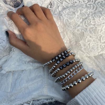 China 6 PCS Trendy Customized Geometric Silver Stretch Elastic CCB Wrist CCB Jewelry For Women Girls Bohemia Initial Letter Bead Bracelet for sale