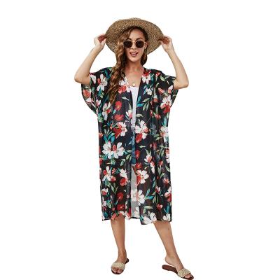 China Fashionable Cheap Wholesale Price Sweet Fashionable Kimono Long Pretty Rayon Halfsleeves Floral Print Cardigan Cheapest Price Women Clothing for sale