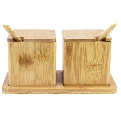 China Europe Factory Hot Sale Bamboo Double Dipper Two Salt Boxes With Spoons And Tray Bamboo Box for sale