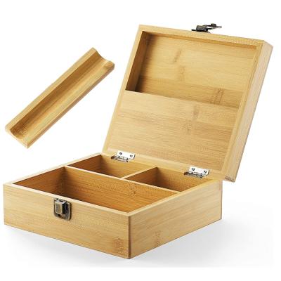 China Europe Wholesale Handmade Bamboo Wooden Storage Stash Box Large With Rolling Tray for sale