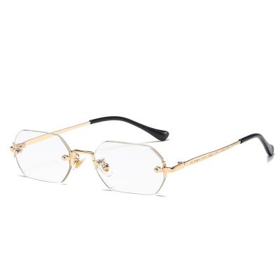 China Blue Polygon Gold Metal Glass Women Men Rimless Rectangle Sunglasses High Quality Small Shading 2023 UV400 Frameless for sale