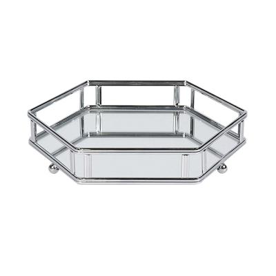 China Hotel/Apartment/Home/Room/Hotel/Bathroom/Cosmetic Amenities Small Tray Decoration Metal Glass Mirror Silvery Serving Room Hotel Bathroom Tray With Handle for sale