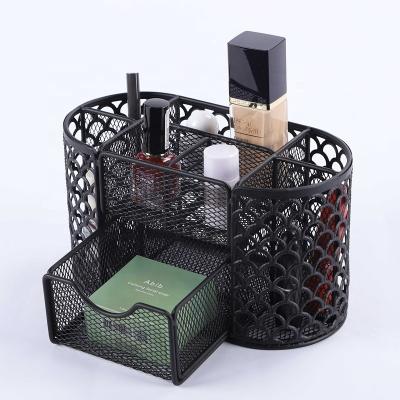 China Durable Proof Black Metal Mesh Makeup Jewelry Organizer Desktop Cosmetic Storage Box for sale