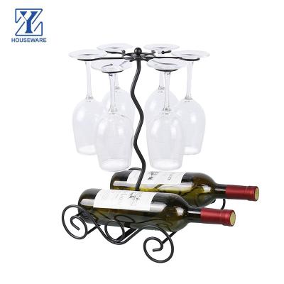 China Workable 2 In 1 Wrought Iron Wine Bottle Glass Rack Two Removable Tabletop Wine Rack With 6 Wine Glass Racks for sale