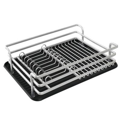 China Sturdy Durable Kitchen Storage Racks Racks Fog Silver Aluminum Dish Draining Dish Rack With Black Cutlery Rack And Drainer Cover for sale