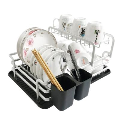 China Sustainable Detachable Kitchen Accessories 2-Tier Aluminum Dish Drying Rack Set And Drainer With Removable Black Utensil Rack for sale