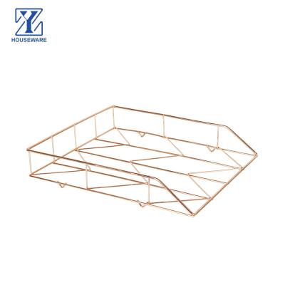 China Unique Design Office Stationery A4 File Folder Stackable Desk Organizer Tray Rose Gold Metal Wire Letter Document Holder for sale