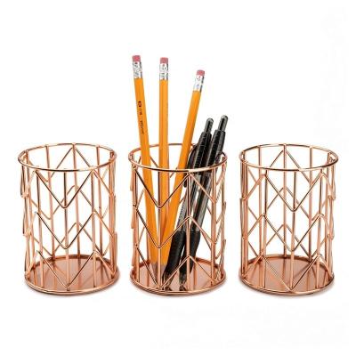 China Desk Cup Pen Holder For Stand Home/Office/Hotel Alone Pencil Mesh Metal Rose Gold Copper Table Desk Wholesale Stationery for sale