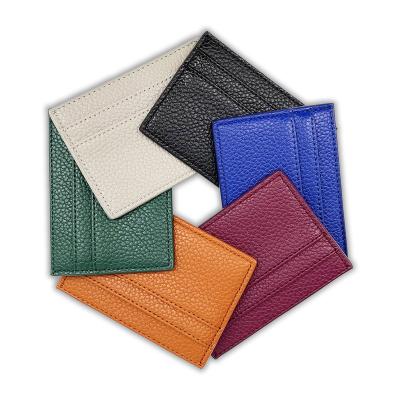 China Custom vegan slim leather wallet holder hot fashion name stamp fashion name aluminum tarjeteros PU leather pebble card holder for sale