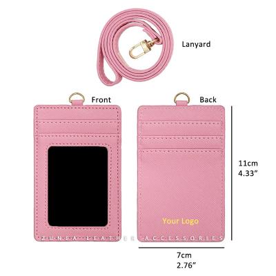 China Custom Fashion Logo Working Photo Show Business Badge ID Holder Leather Card Holder with Polyester Lanyard for sale