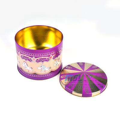 China Food Grade Christmas Round Shape Pink Color Metal Box With Musical Device Gift Metal Food Tin Can Package for sale