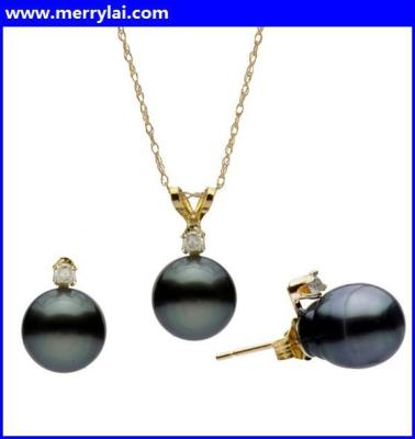 China Stainless Steel Diamond Natural Black South Sea Tahitian Pearl Pendant and Diamond Stud Earring (ML-12-MA0922-33) for sale