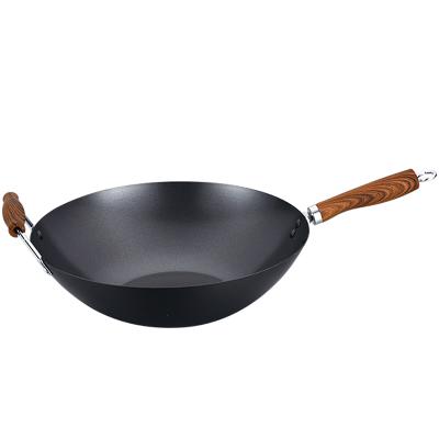 China Sustainable Kitchen Supplies Home Cookware Heavy Duty Wok Pan Wood Handle Induction Carbon Steel for sale