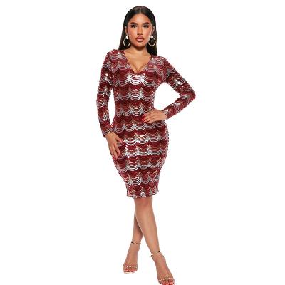 China European and American fashion sequins deep sleeve sexy deep sleeve hip skirt party nightclub carnival anti-static thin dress long for sale