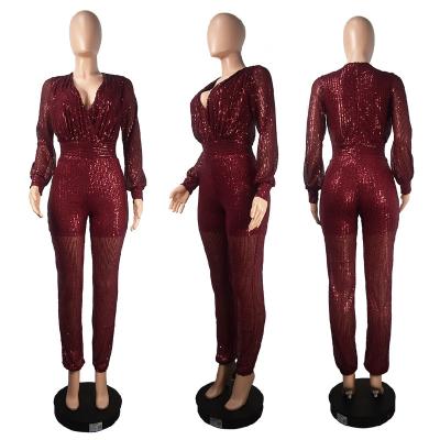 China Foreign trade fashion new anti-static sequins long sleeve winter jumpsuit slim spot for sale