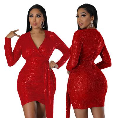 China New European and American hip skirt long sleeve anti-static dress with sexy deep V sequined dress for sale