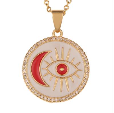 China Hip Hop Real 18k Gold Plating Enamel Handmade Trendy Lucky Eye Round Shape Lucky Pendant With Zirconia Jewelry Sweater Necklace for sale