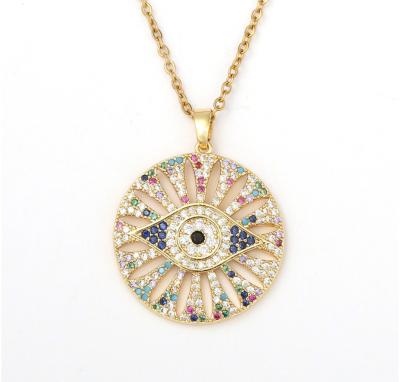 China 2021 High Quality Real Vintage 18k Gold Plating Evil Eye Disc Shape Pendant Vintage Coin Charm With Zirconia Rhinestone Jewelry Necklace for sale