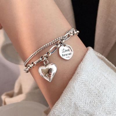 China 2021 New 925 Sterling Silver Love Letter Heart Thai Silver Light Luxury Jewelry Double Layer Female Unique Design FASHIONABLE Retro Bangle for sale