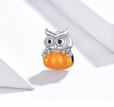 China Trendy 925 Sterling Silver Owl Head Pumpkin Charm Bracelet Bead Charm Pave Setting Zirconia Enamel Bead Diy Jewelry Accessories for sale