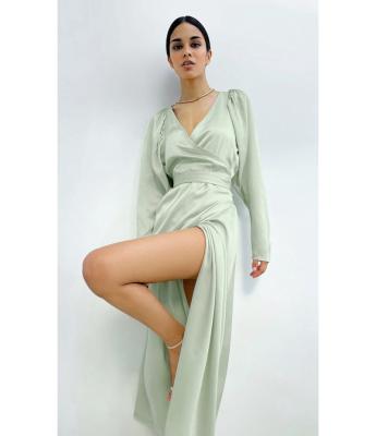 China Anti-wrinkle v neck high slit maxi dress with long sleeve dinner dresses for ladies for sale