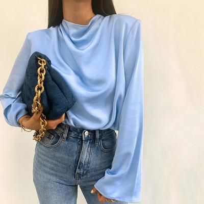 China Anti-pilling unique design ladies full casual turtle neck long blouses women puff sleeve crop tops for sale