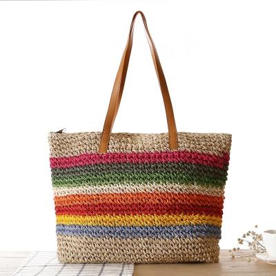 China New Fashion Fashion PU Leather Handle Colorful Stripes Straw Beach Tote Bag for sale