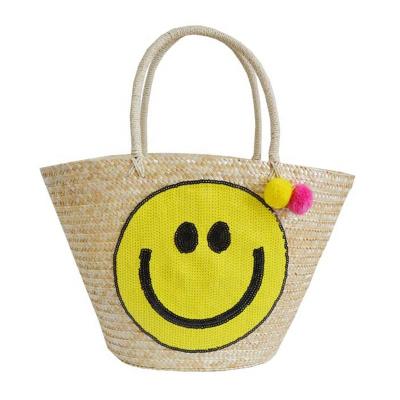 China Fashion Summer Vacation New Arrival Women Smile Face Pom Pom Beach Straw Sneakers Handbags for sale