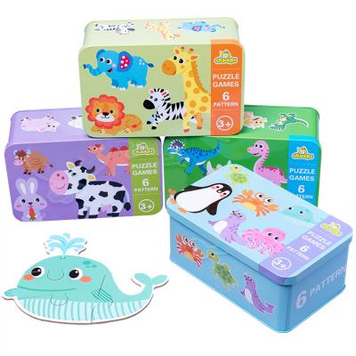 China Cartoon Toy Exquisite Baby Six In A Big Iron Box Puzzle Children Knowledge Matching Wooden Early Education Toys Brinquedo Educativo for sale